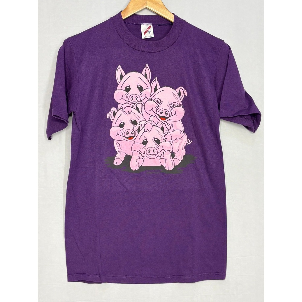 Four Pink Pigs Shirt Men's Purple Short Sleeve Medium (38-40) Vintage Jerzees